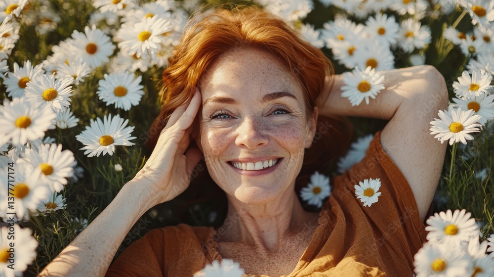 Obraz premium Joyful Woman Relaxing Among White Daisies in Nature