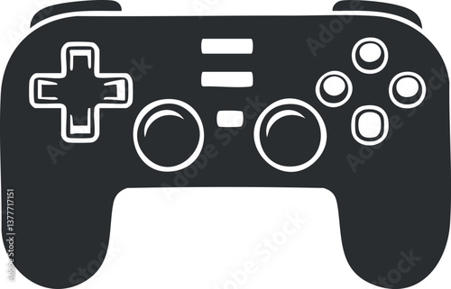 Black and white illustration of a video game controller with buttons and joystick.