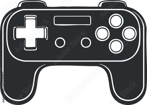 Black and white illustration of a video game controller with buttons and joysticks.