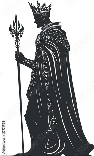 Silhouette of a regal king wearing a crown and cloak, holding a staff, exuding authority.