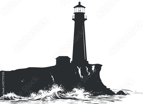 Black and white silhouette of a lighthouse on rocky coast with waves crashing below.