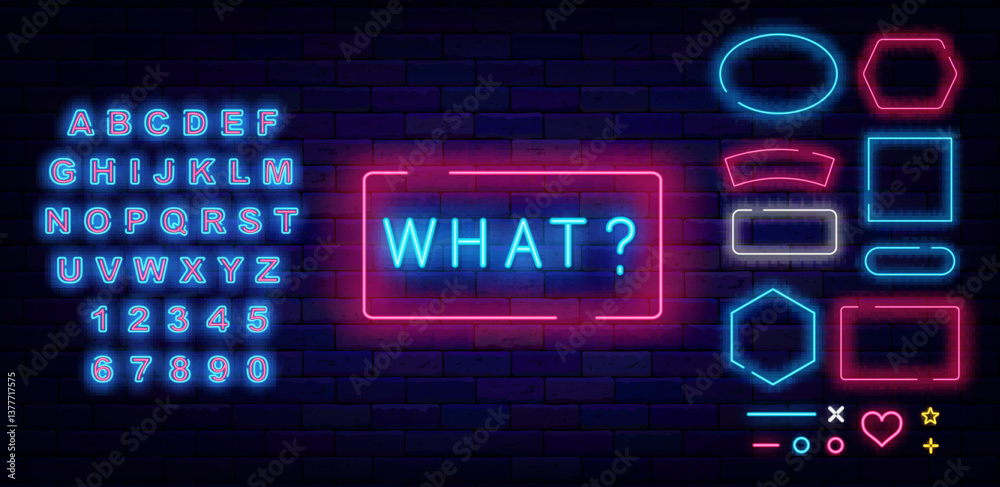 What neon emblem. Glowing greeting card. Shiny blue alphabet. Trivia quiz. Online chat. Vector stock illustration What neon emblem. Glowing greeting card. Shiny blue alphabet. Trivia quiz. Online chat. Vector stock illustration
