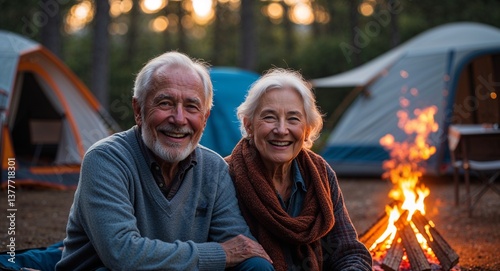 Happy elderly couple in camping site with a bonfire glowing background portrait photo 