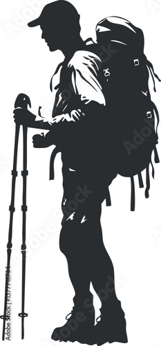 Silhouette of a hiker with backpack and poles, symbolizing adventure and exploration in nature.