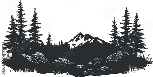Black and white silhouette of a mountainous landscape with trees and rocks in the foreground.