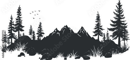 Black and white silhouette of mountains and forest with trees and birds in a tranquil scene.