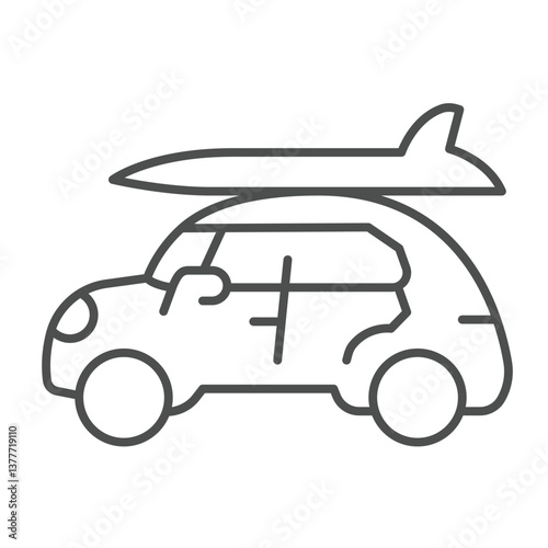Retro car vehicle with surfboard thin line icon, tropical voyage concept. Vector graphics. Automobile for traveling at sea sign on white background, outline style icon for mobile or web design.