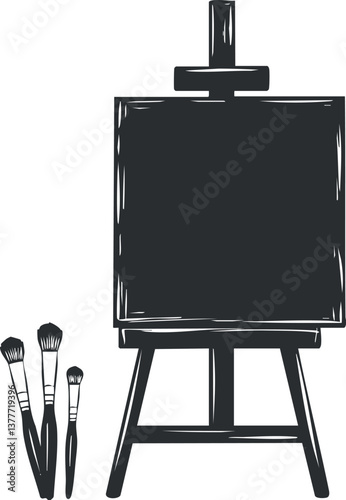 Black and white illustration of an easel with blank canvas and paintbrushes.