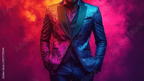 Stylish man in vibrant suit, dramatic lighting, smoky background