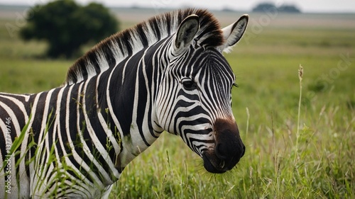 A close-up of a zebra in a lush, green landscape, showcasing its striking black and white stripes.