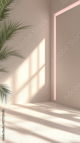 Soft sunlight casts shadows across a light-colored wall and green plant in a modern interior space during the day Generative AI