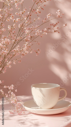 Elegant white cup on pink table with delicate flowers casting soft shadows in a serene, cozy setting Generative AI