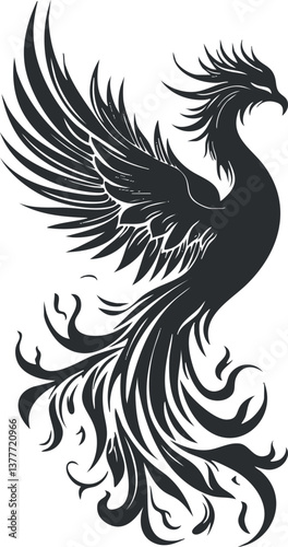 Black silhouette of a phoenix with outstretched wings and flowing tail, symbolizing rebirth.
