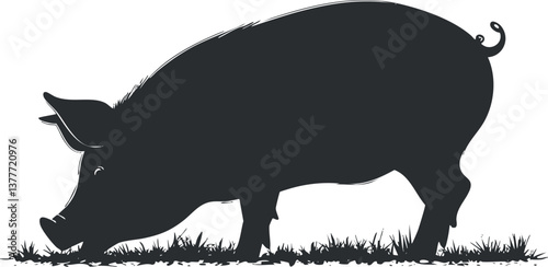 Silhouette of a pig grazing on grass, showcasing a simple and elegant farm animal design.