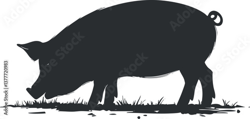 Silhouette of a pig grazing on grass, emphasizing simple design and rural animal theme.