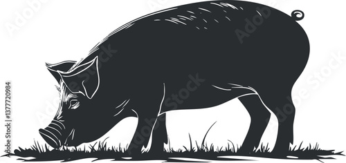 Silhouette illustration of a pig grazing on grass, depicting a farm animal in black and white.