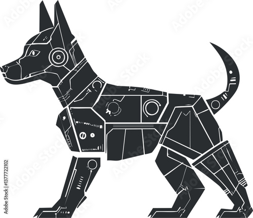 Futuristic robotic dog illustration in black and white with cybernetic and geometric design elements.