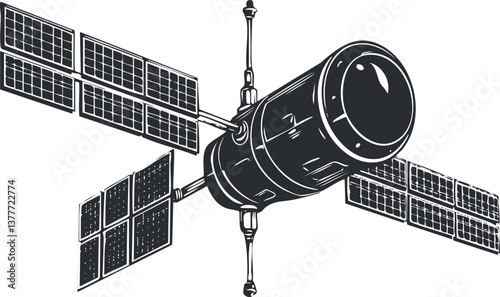 Black and white illustration of a satellite with solar panels and antennas in space.