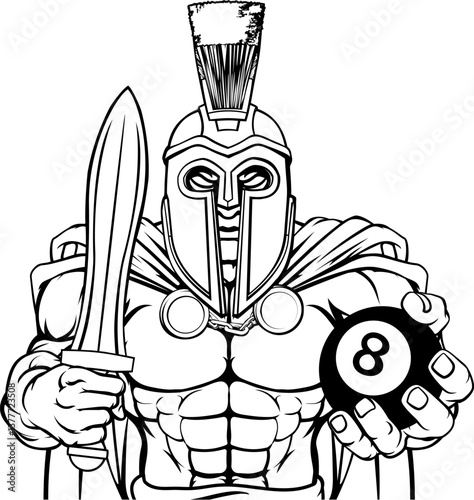 A spartan or trojan angry mean pool billiards mascot cartoon character holding a black 8 ball.