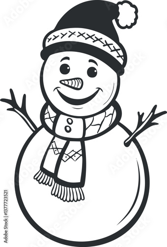 Black and white illustration of a cheerful snowman wearing a hat and scarf, smiling warmly.