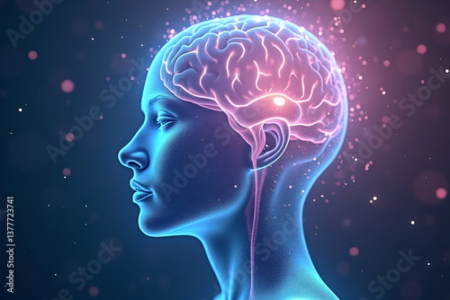 Human Head with Glowing Energy Streams: Concept for Mental Healing and Stress Management
