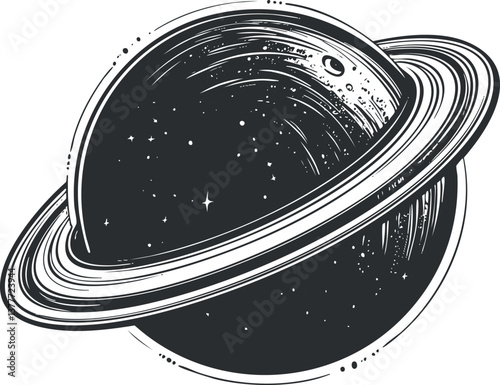 Illustration of a ringed planet with stars, resembling Saturn in a black and white style.