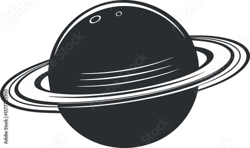 Black and white silhouette of a ringed planet resembling Saturn in a minimalist design.