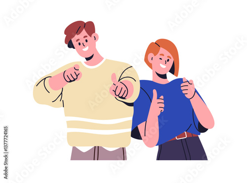Happy people point at you, smiling, choosing and looking at candidate. Young man and woman pointing with inviting gesture, showing with finger. Flat vector illustration isolated on white background