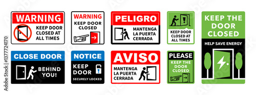 Sign Set of notice keep door closed on isolated white background. Editable Templates with Icons