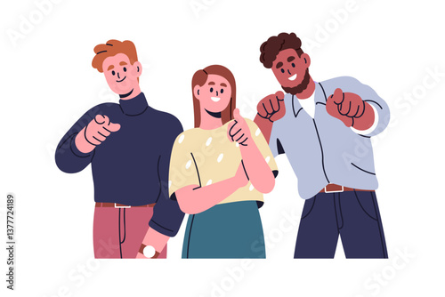 Happy people pointing finger at you, smiling, choosing candidate. Business team inviting, showing, hiring, indicating and point with hand. Flat vector illustration isolated on white background