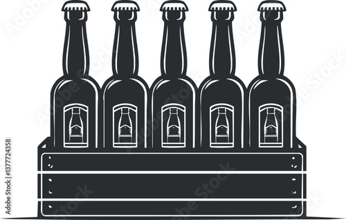 Monochrome illustration of five beer bottles in a wooden crate, emphasizing packaging and storage.