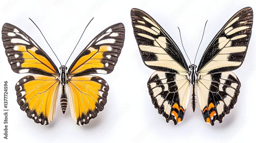 Fototapeta premium Closeup of Two Colorful Butterflies with Yellow and Black Wings on a White Background