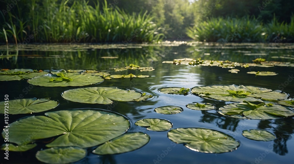 Serene lily pads float gracefully on the calm water surface in a lush green setting. Serene lily pads float gracefully on the calm water surface in a lush green setting.