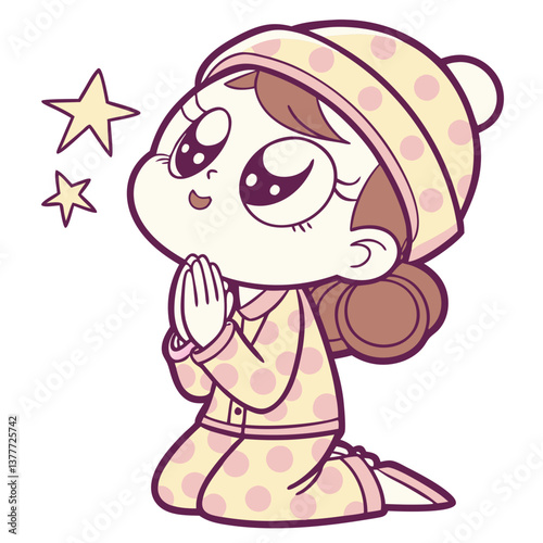 A cute girl dressed in polka dot pajamas kneels inside a car, clasping her hands in prayer before drifting off to sleep, surrounded by a cozy atmosphere filled with stars