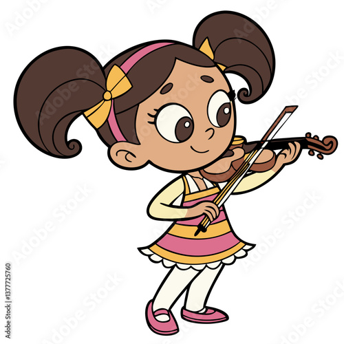 A young girl with pigtails is practicing her violin with a joyful expression. She wears a colorful outfit and stands in a cheerful atmosphere, showcasing her love for music