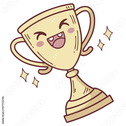 This adorable golden trophy features a charming smile and playful fangs, radiating joy. It stands alone against a clean white background, perfect for celebrating achievements