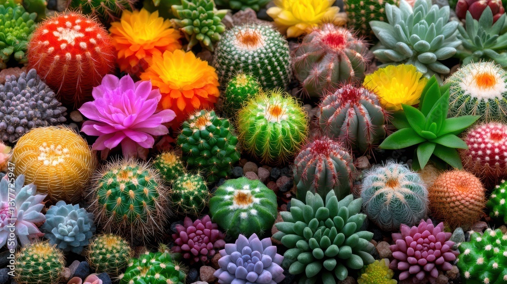 Fototapeta premium Colorful Variety of Cacti and Succulents in Vibrant Display
