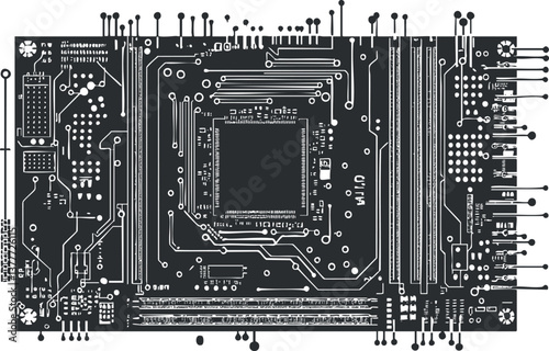 Black and white illustration of a detailed electronic circuit board, showcasing complex circuitry.