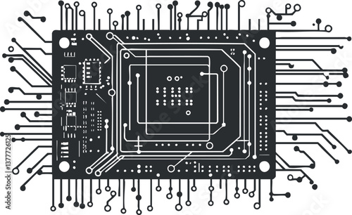 Black and white illustration of a complex electronic circuit board with intricate wiring patterns.
