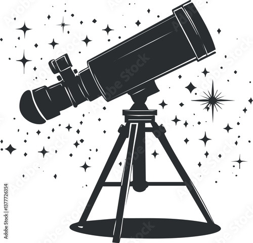 Silhouette of a telescope on a tripod against a starry night sky background.