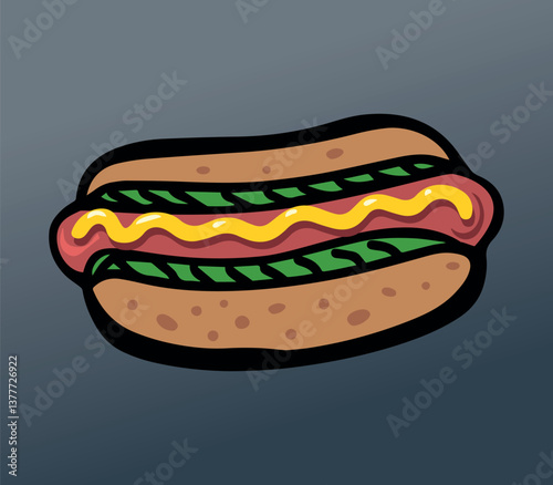Cartoon hot dog with mustard and greens on a gray background. A bold and fun digital illustration of a hot dog with mustard, highlighting its classic look.