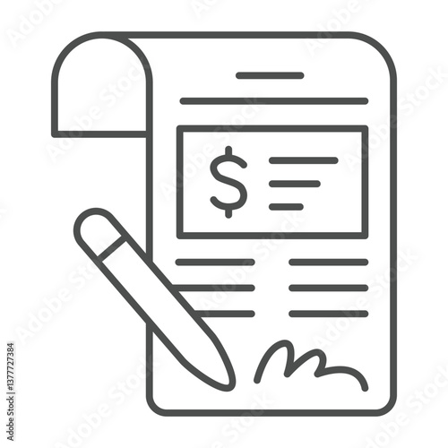 Expenses document with pen signature thin line icon, family lawyer concept. Vector graphics. Taxation and court fee contract sign on white background, outline style icon for mobile or web design.