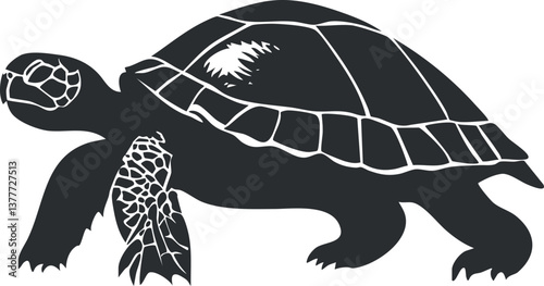 Black and white silhouette illustration of a turtle, showcasing its detailed shell and limbs.
