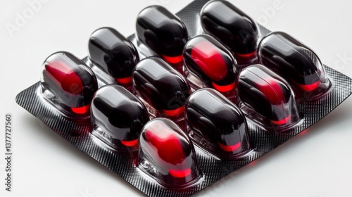 Fat-burning capsules in a red-and-black packaging, artistically displayed on a white background,
