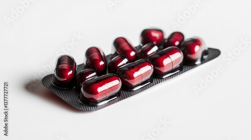 Fat-burning capsules in a red-and-black packaging, artistically displayed on a white background,