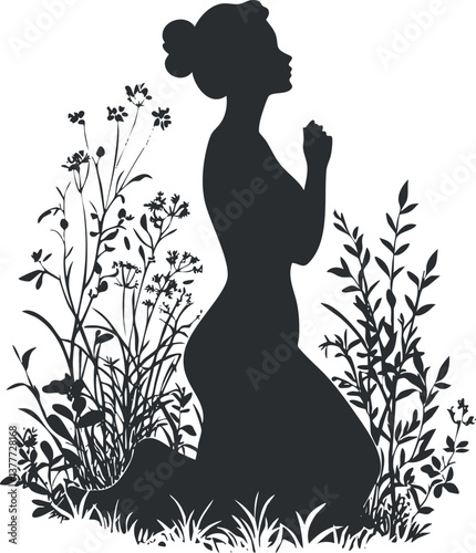 Silhouette of a kneeling woman praying amidst flowers and plants, symbolizing peace and spirituality.