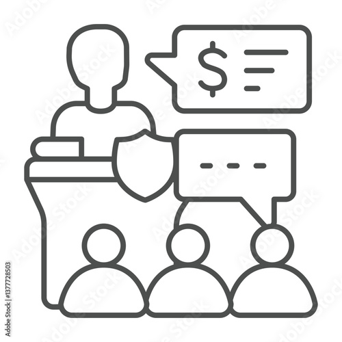 Tribune with judge man and jury audience thin line icon, family lawyer concept. Vector graphics. Court public case process sign on white background, outline style icon for mobile or web design.