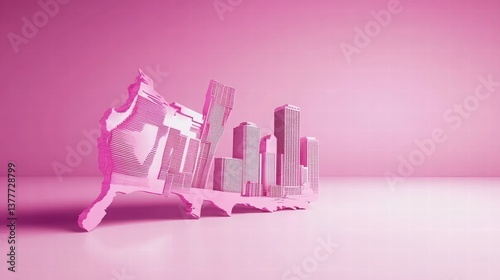 Abstract Pink City Skyline with Geometric Structures and Flourishes