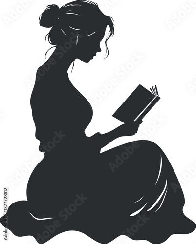 Silhouette of a woman sitting and reading a book, captured in an elegant pose.