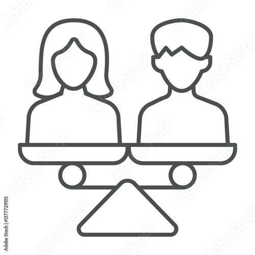 Man and woman on scales thin line icon, family lawyer concept. Vector graphics. Married couple problem, human rights sign on white background, outline style icon for mobile or web design.